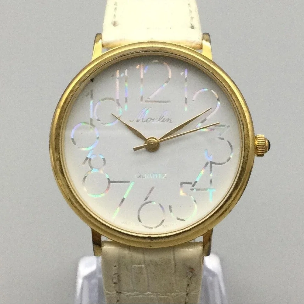 Moulin Womens Watch 32mm Gold Tone Case White Leather Strap New Battery